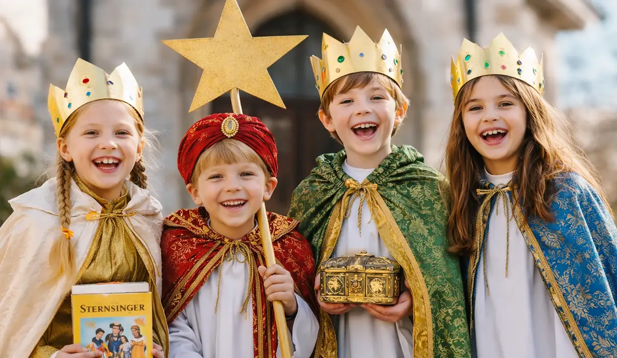 Sternsinger in traditioneller Kleidung vor Kirche – Kinder als Heilige Drei Könige mit Sternstab und Spendenbox.